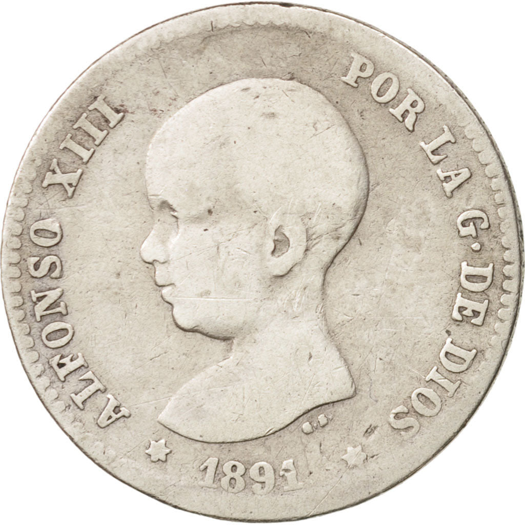 Spagna, Alfonso XIII, Peseta, 1891, B+, Argento, KM:691