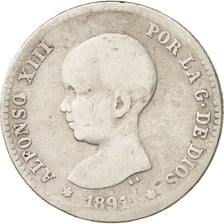 Spagna, Alfonso XIII, Peseta, 1891, B+, Argento, KM:691