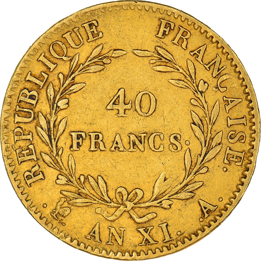 Moneta, Francja, Napoléon I, 40 Francs, An XI, Paris, EF(40-45), Złoto, KM:652