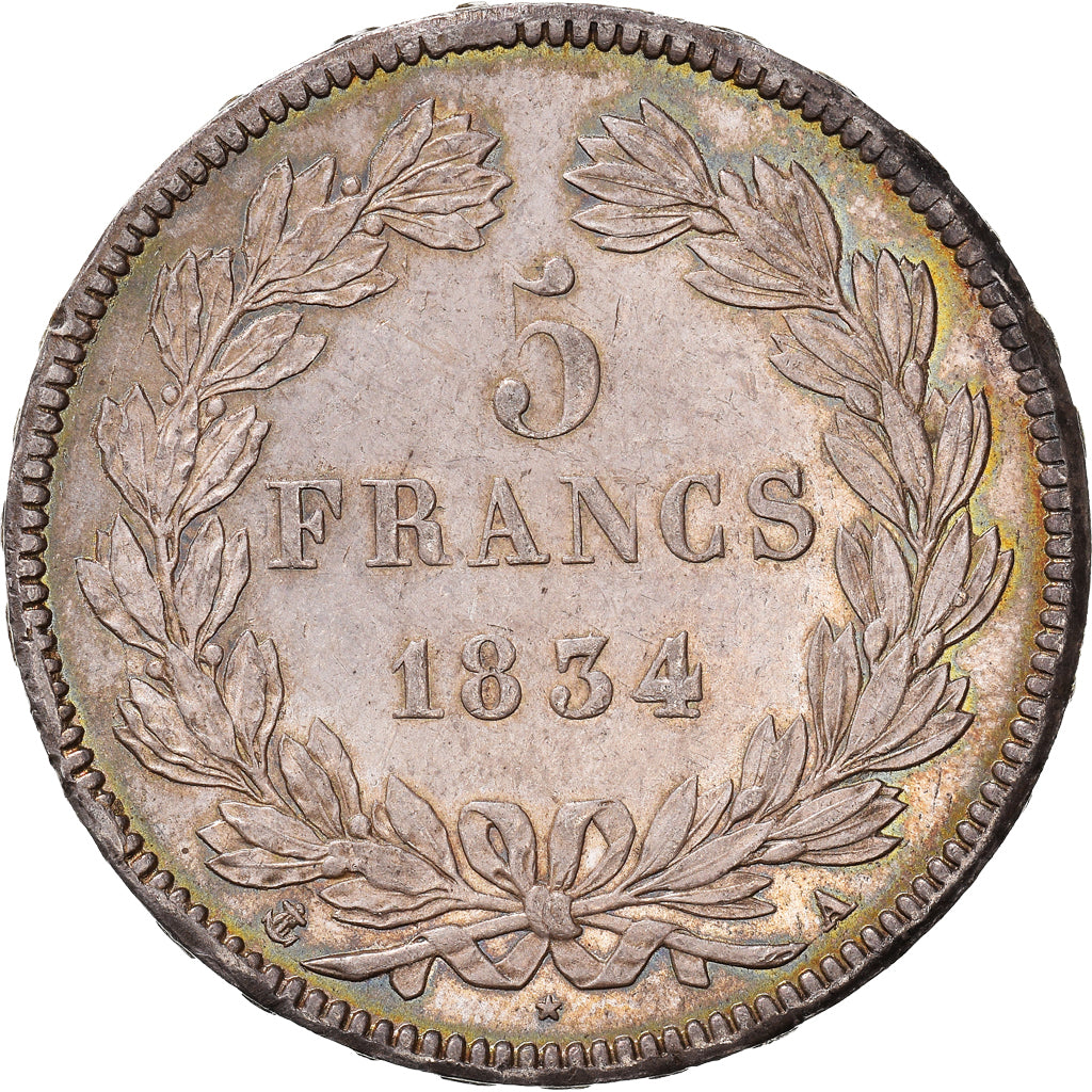 Moneda, Francia, Louis-Philippe, 5 Francs, 1834, Paris, EBC+, Plata, KM:749.1