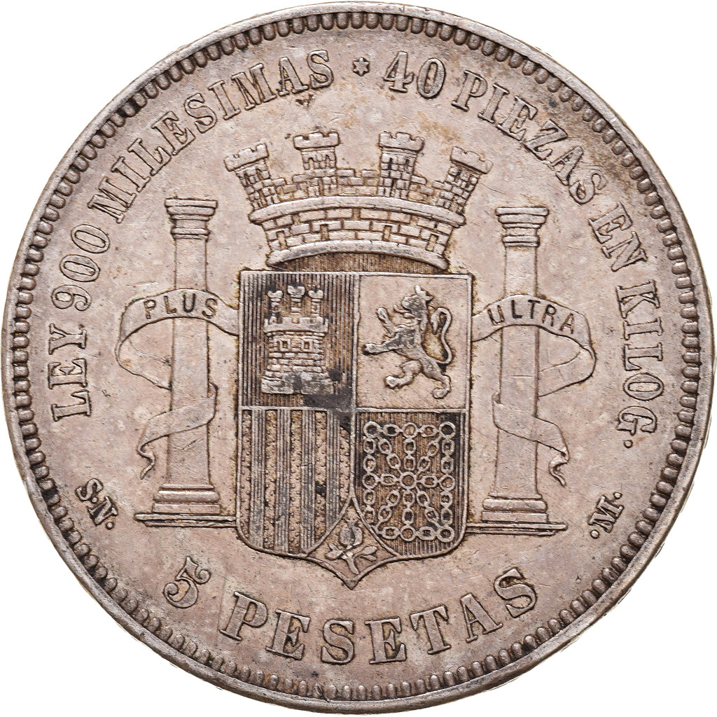 Moneda, España, Provisional Government, 5 Pesetas, 1870, Madrid, MBC+, Plata