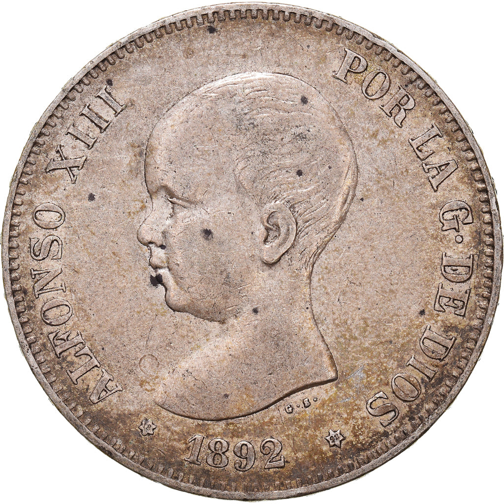 Coin, Spain, Alfonso XIII, 5 Pesetas, 1892, Madrid, AU(50-53), Silver, KM:689
