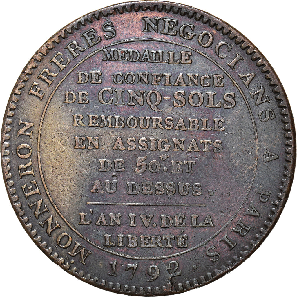 Moeda, França, Monneron, 5 Sols, 1792, Birmingham, AU(55-58), Bronze, KM:Tn31
