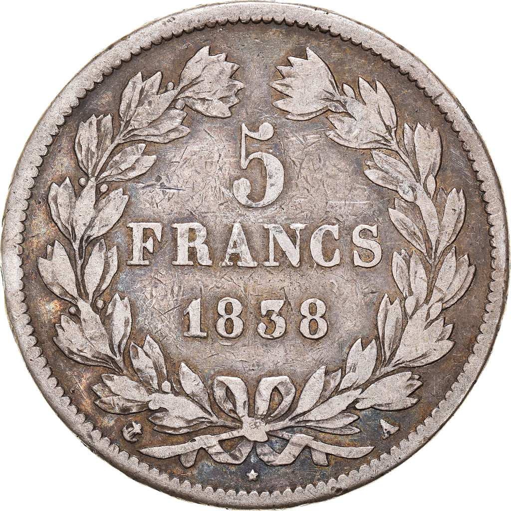 Moneta, Francia, Louis-Philippe, 5 Francs, 1838, Paris, MB+, Argento, KM:749.1