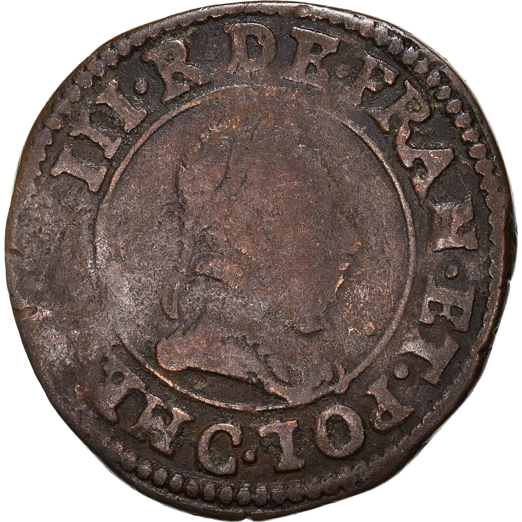 Moeda, França, Henri III, Double Tournois, 1589, Saint Lô, VF(20-25), Cobre