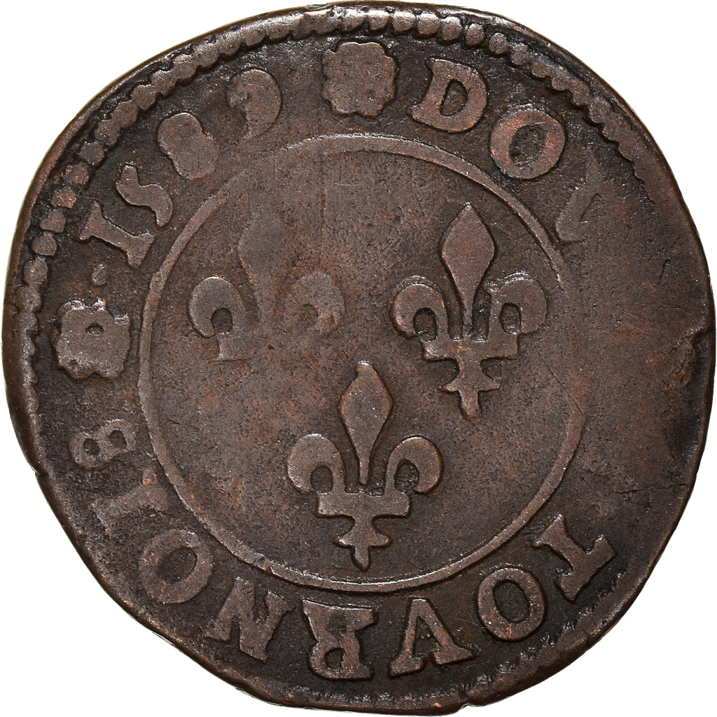 Moeda, França, Henri III, Double Tournois, 1589, Saint Lô, VF(20-25), Cobre