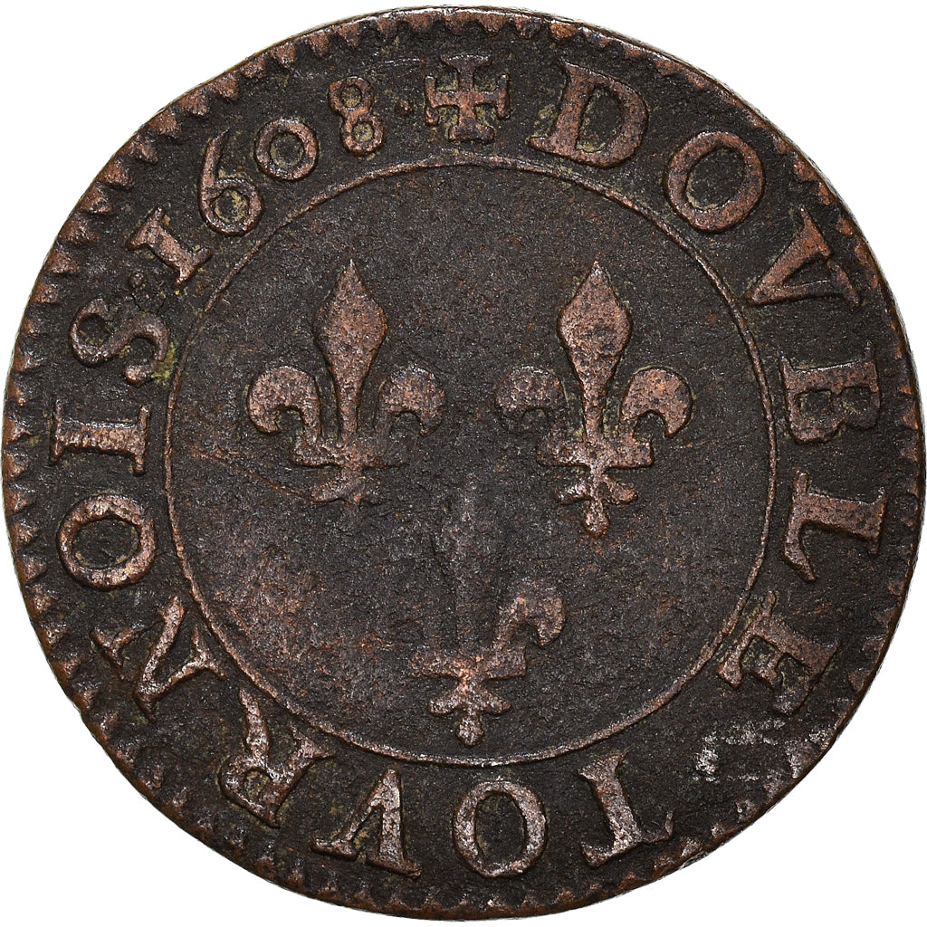 Coin, France, Henri IV, Double Tournois, 1608, Paris, EF(40-45), Copper