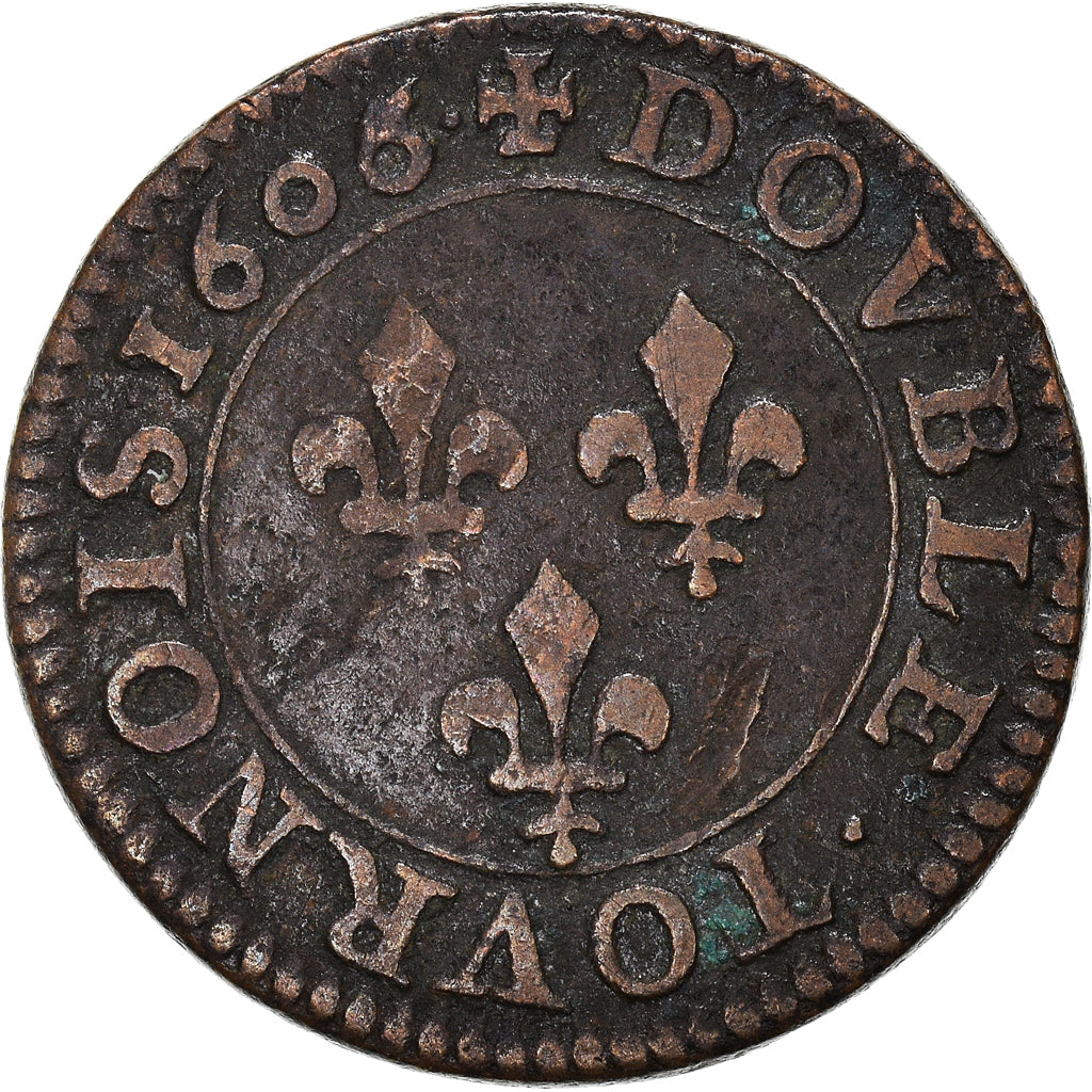 Coin, France, Henri IV, Double Tournois, 1606, Paris, VF(20-25), Copper