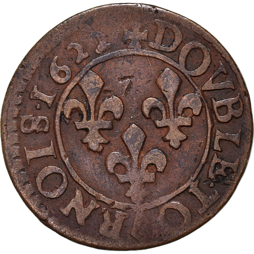 Moeda, França, Louis XIII, Double Tournois, 1622, Paris, VF(30-35), Cobre