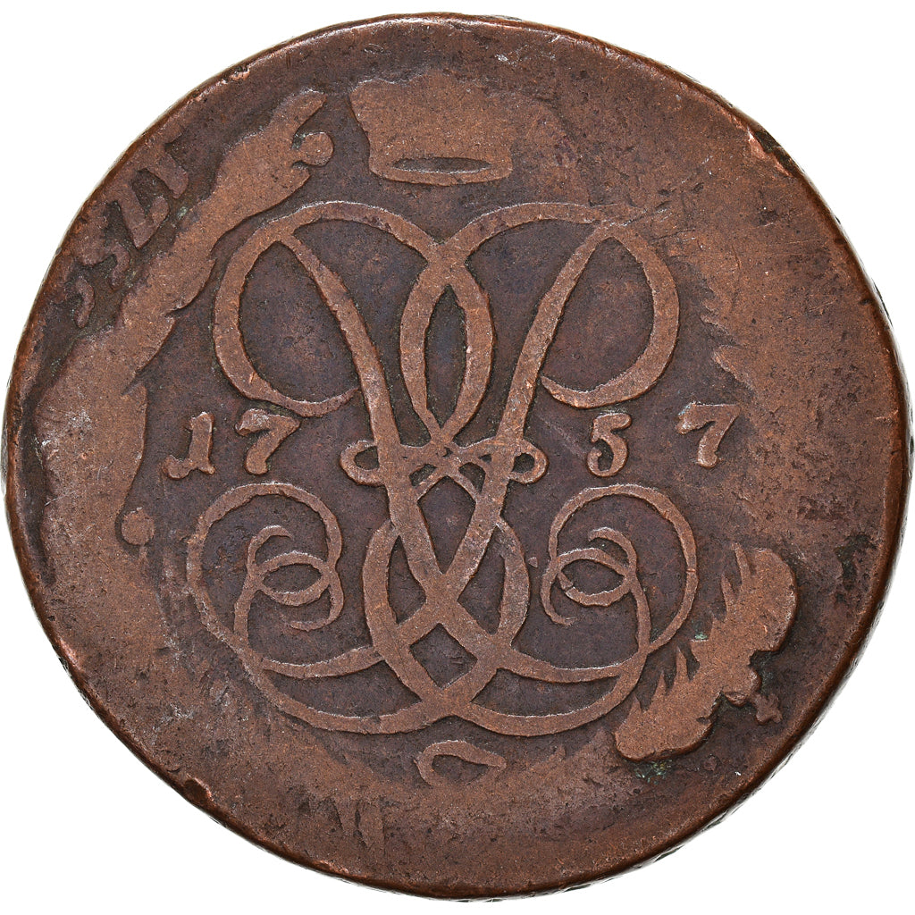 Moneta, Russia, Elizabeth, 2 Kopeks, 1757, Overstruck, MB, Rame, KM:7.2