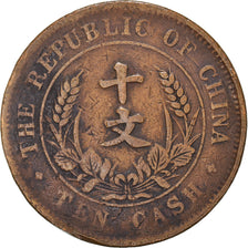 Monnaie, République de Chine, 10 Cash, 10 Wen, 1912, TB, Laiton, KM:301a