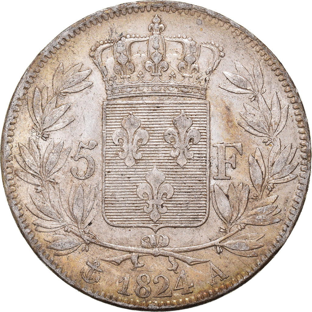 Moeda, França, Louis XVIII, 5 Francs, 1824, Paris, AU(50-53), Prata, KM:711.1