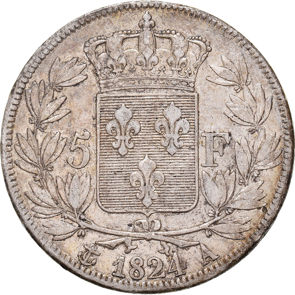 Moneda, Francia, Louis XVIII, 5 Francs, 1824, Paris, MBC, Plata, KM:711.1