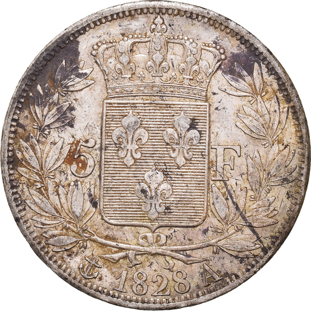 Moneta, Francja, Charles X, 5 Francs, 1828, Paris, AU(50-53), Srebro, KM:728.1