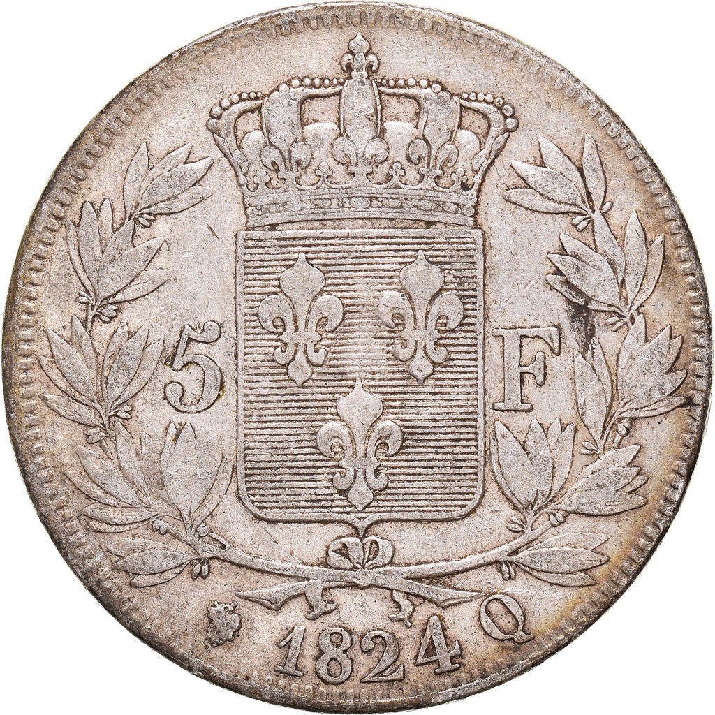 Coin, France, Louis XVIII, 5 Francs, 1824, Perpignan, EF(40-45), Silver