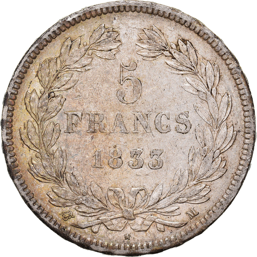 Moneda, Francia, Louis-Philippe, 5 Francs, 1833, Toulouse, MBC, Plata, KM:749.9