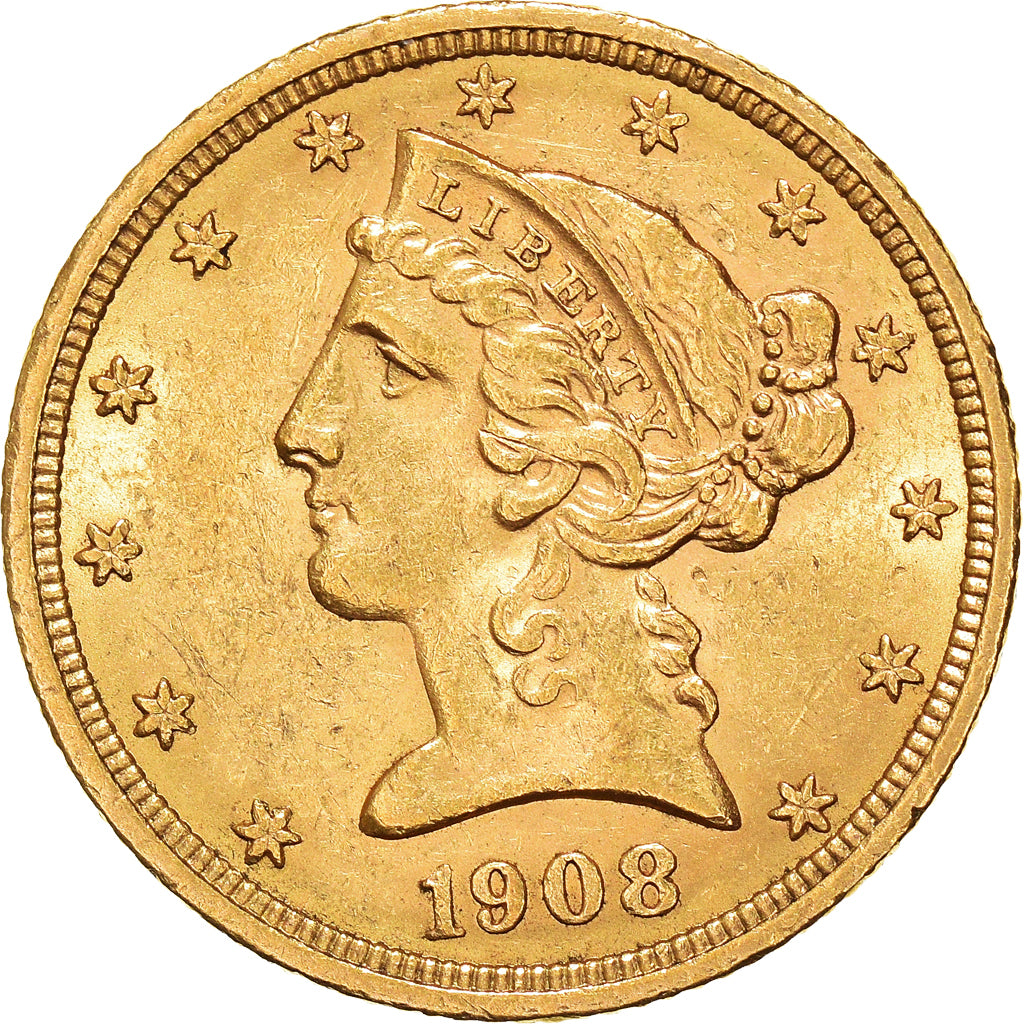 Moneta, Stati Uniti, Coronet Head, $5, Half Eagle, 1908, U.S. Mint
