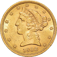 Moeda, Estados Unidos da América, Coronet Head, $5, Half Eagle, 1908, U.S.
