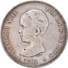 Moneda, España, Alfonso XIII, 5 Pesetas, 1891, Madrid, BC+, Plata, KM:689