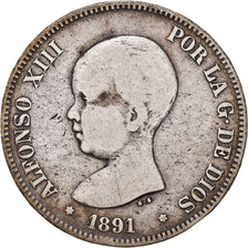 Moneta, Spagna, Alfonso XIII, 5 Pesetas, 1891, Madrid, MB, Argento, KM:689