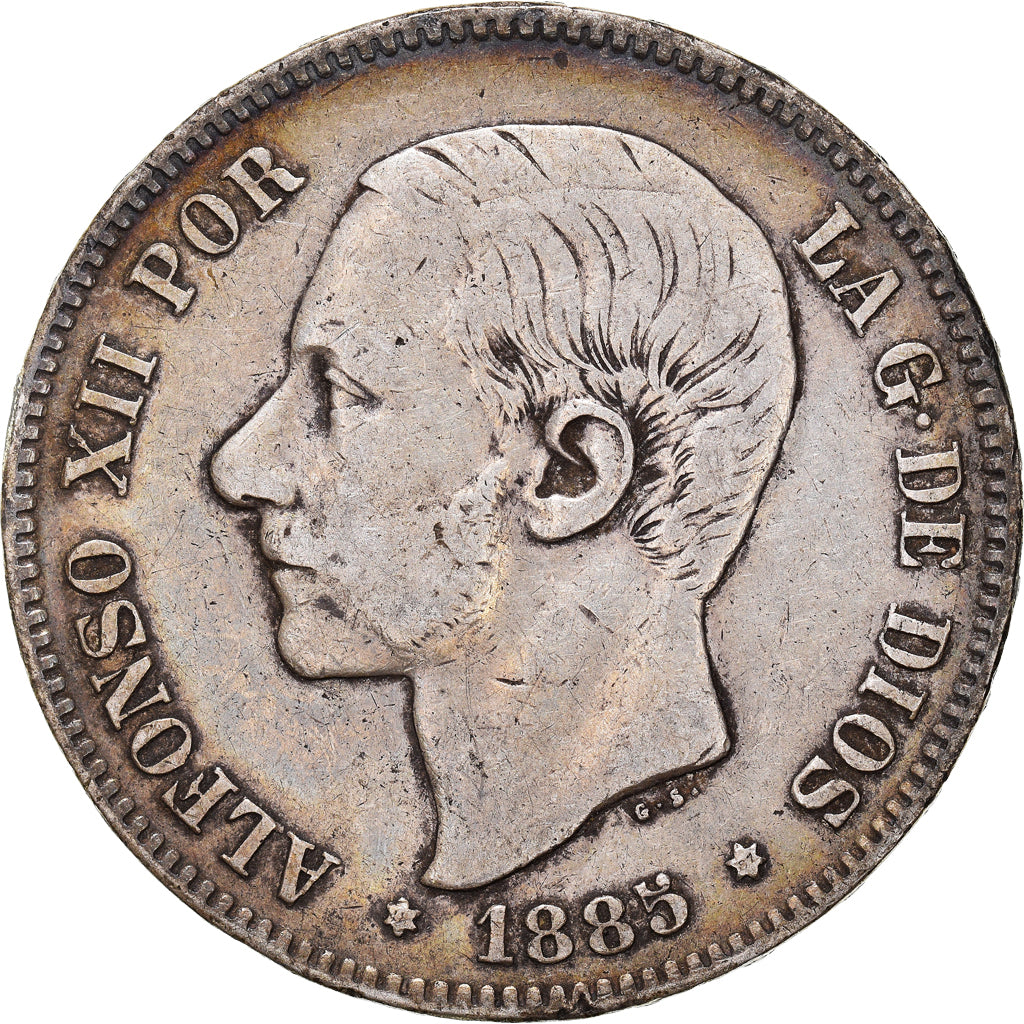 Münze, Spanien, Alfonso XII, 5 Pesetas, 1885 (87), Madrid, S+, Silber, KM:688