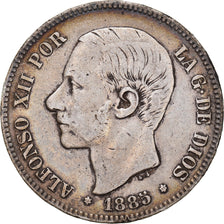 Moneda, España, Alfonso XII, 5 Pesetas, 1885 (87), Madrid, BC+, Plata, KM:688