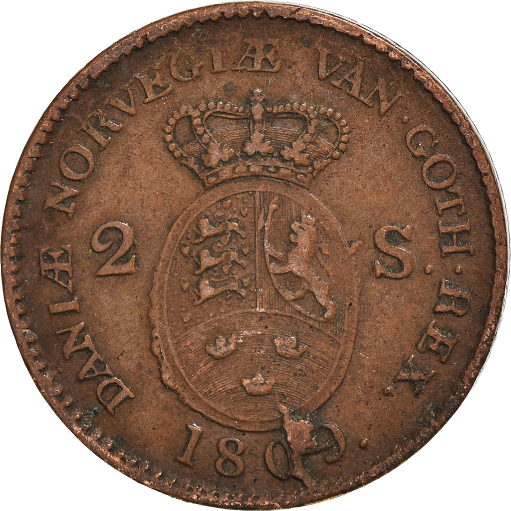 Coin, Denmark, Frederik VI, 2 Skilling, 1809, Copenhagen, AU(50-53), Copper