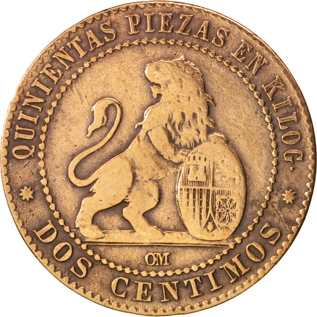 Spagna, Provisional Government, 2 Centimos, 1870, MB+, Rame, KM:661