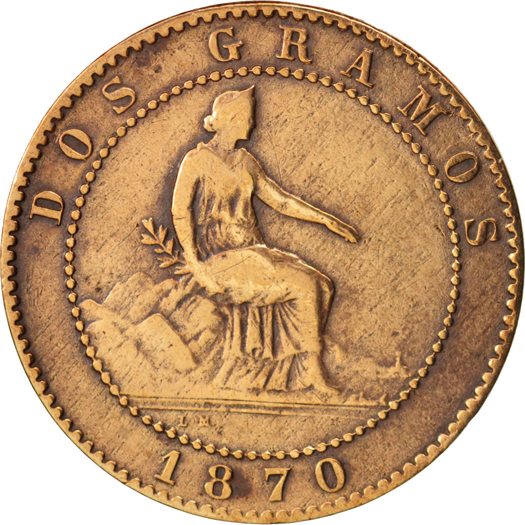 Spagna, Provisional Government, 2 Centimos, 1870, MB+, Rame, KM:661