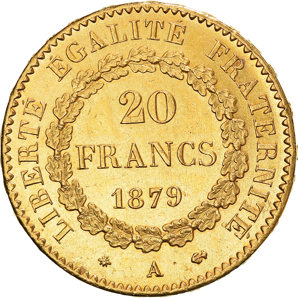 Moeda, França, Génie, 20 Francs, 1879, Paris, MS(60-62), Dourado, KM:825