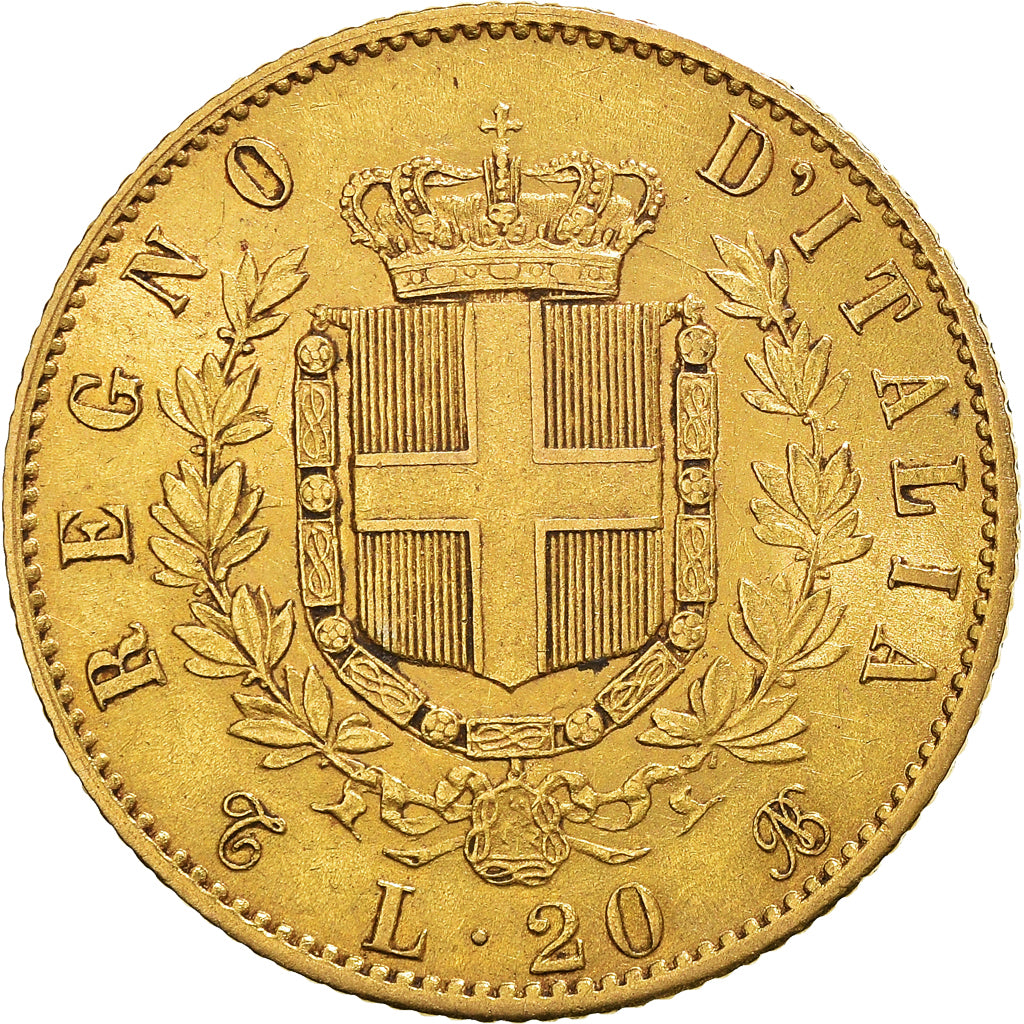 Moeda, Itália, Vittorio Emanuele II, 20 Lire, 1865, Torino, AU(50-53), Dourado