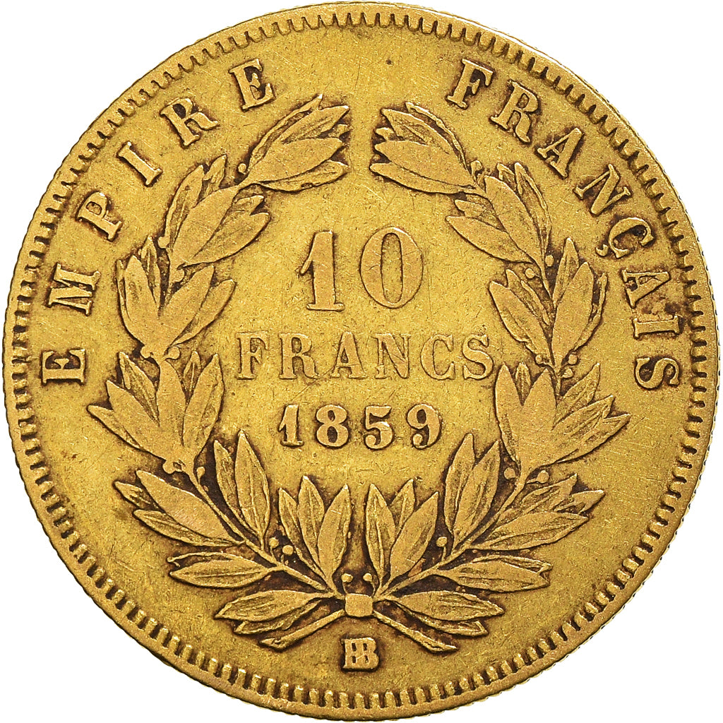 Moneta, Francia, Napoléon III, 10 Francs, 1859, Strasbourg, MB+, Oro, KM:784.4