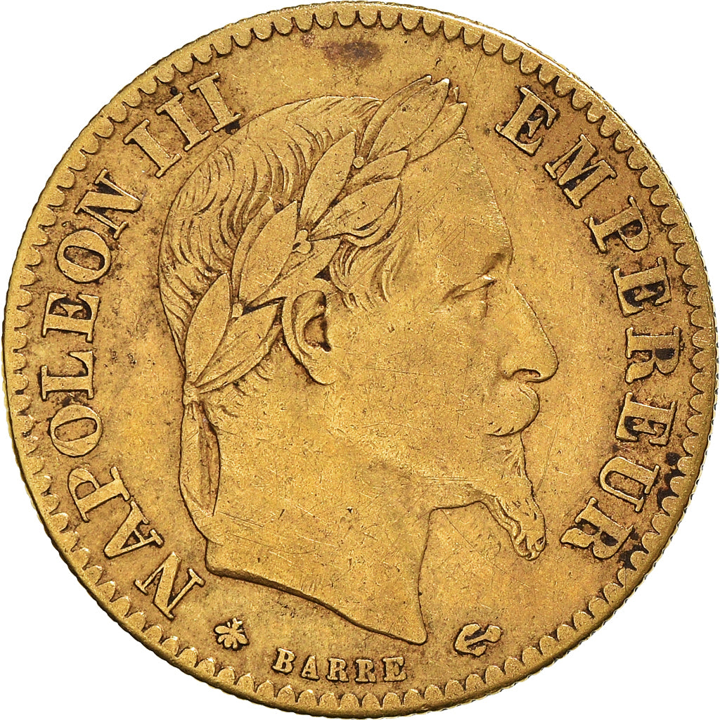 Moneta, Francia, Napoleon III, 10 Francs, 1865, Paris, MB+, Oro, KM:800.1