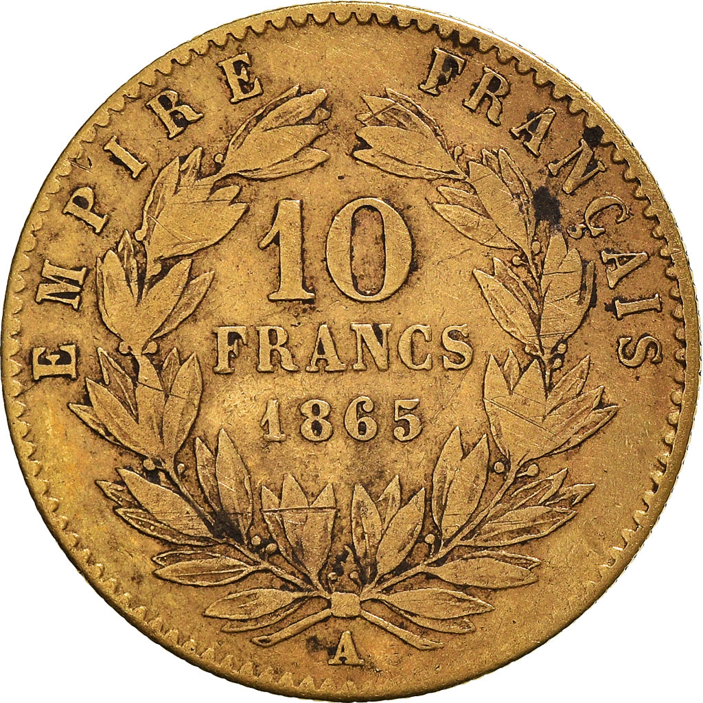 Moneta, Francia, Napoleon III, 10 Francs, 1865, Paris, MB+, Oro, KM:800.1