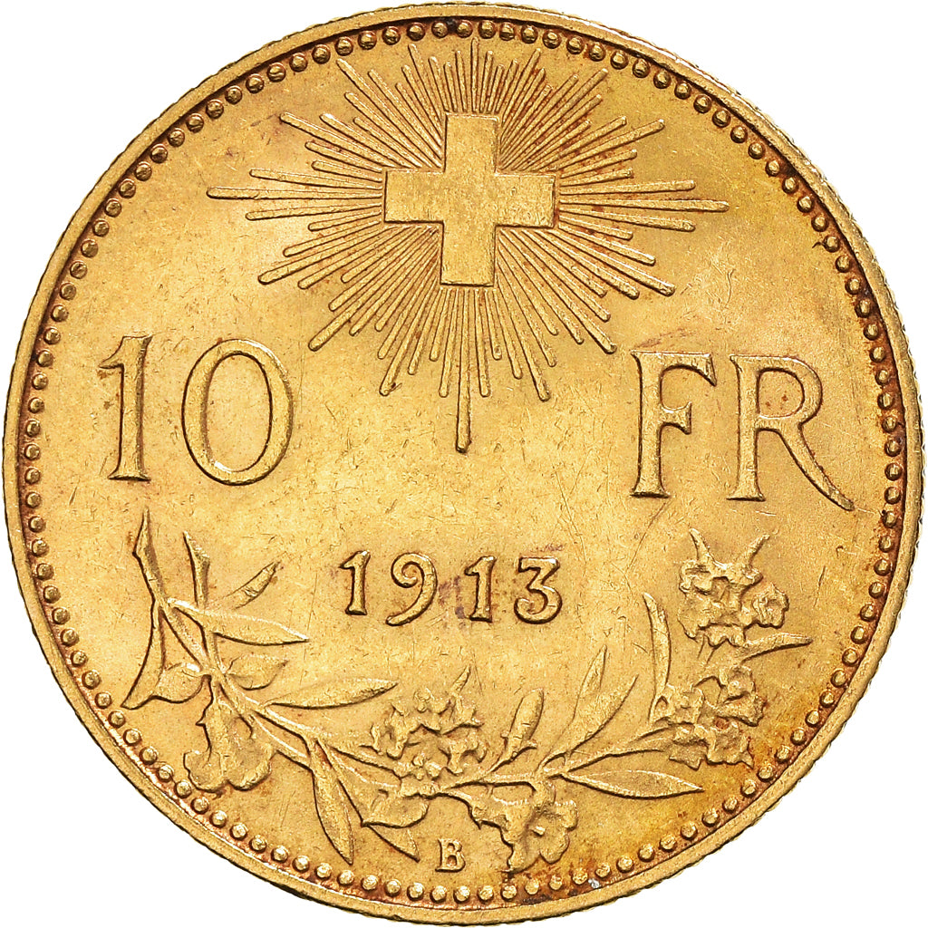 Coin, Switzerland, 10 Francs, 1913, Bern, AU(50-53), Gold, KM:36