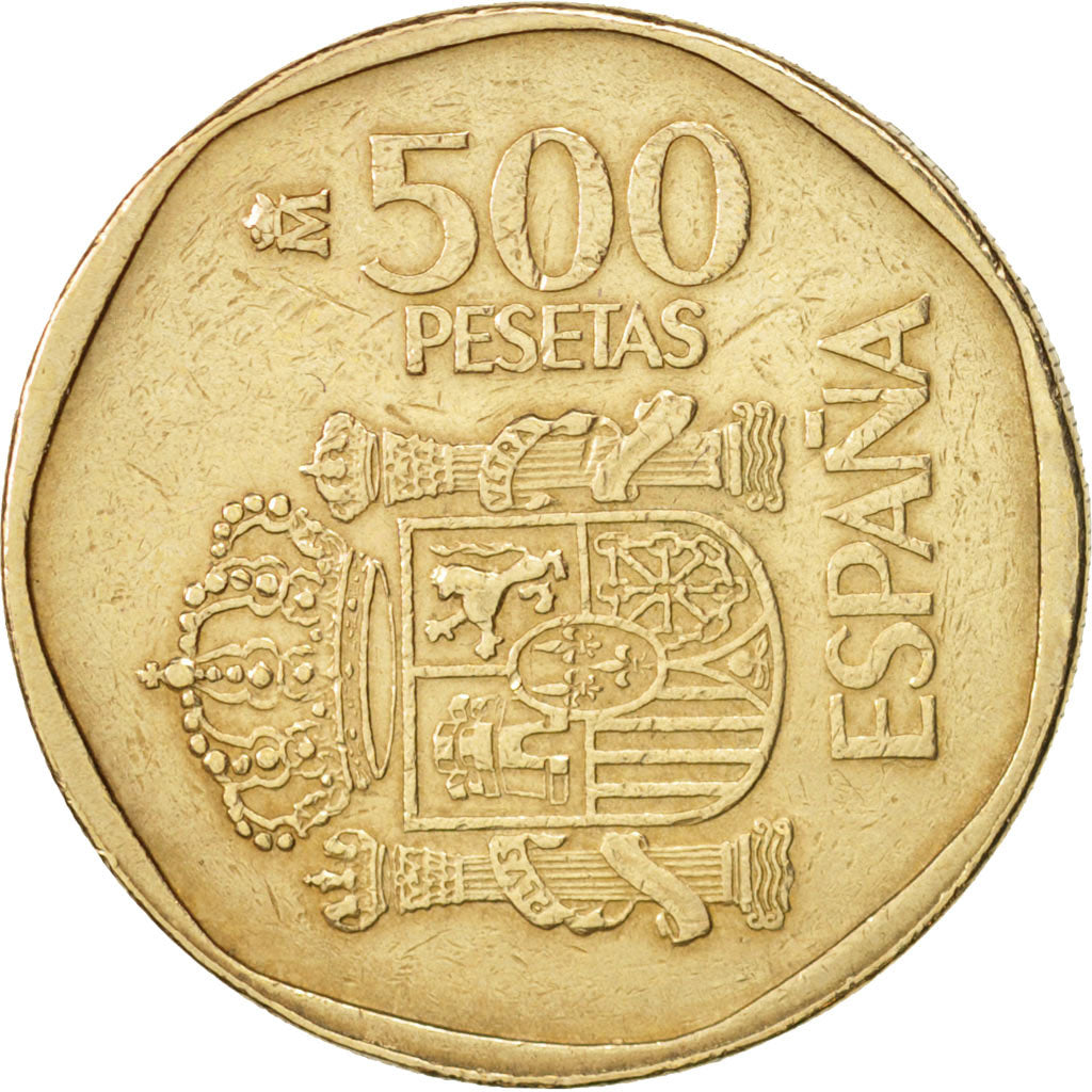Moneda, España, Juan Carlos I, 500 Pesetas, 1989, BC+, Aluminio - bronce