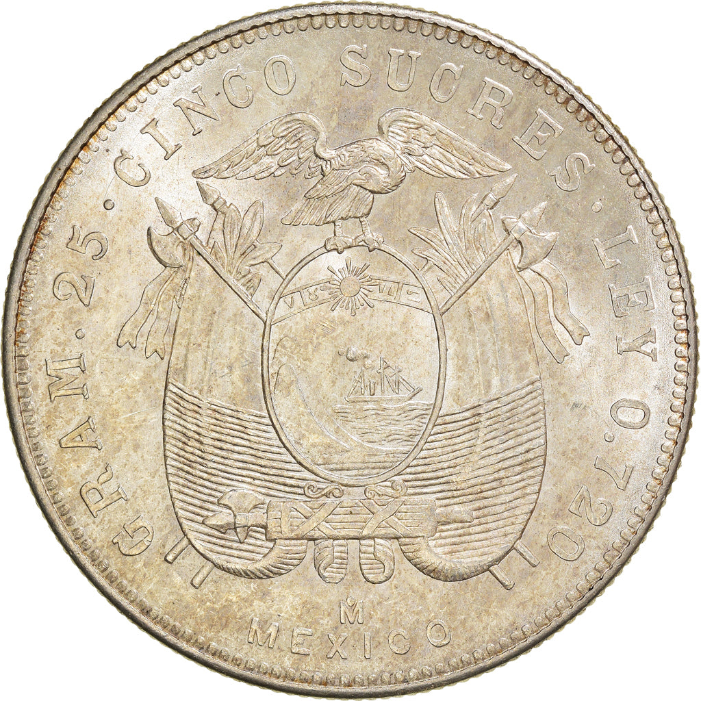 Coin, Ecuador, 5 Sucres, Cinco, 1943, Mexico City, Mexico, AU(55-58), Silver