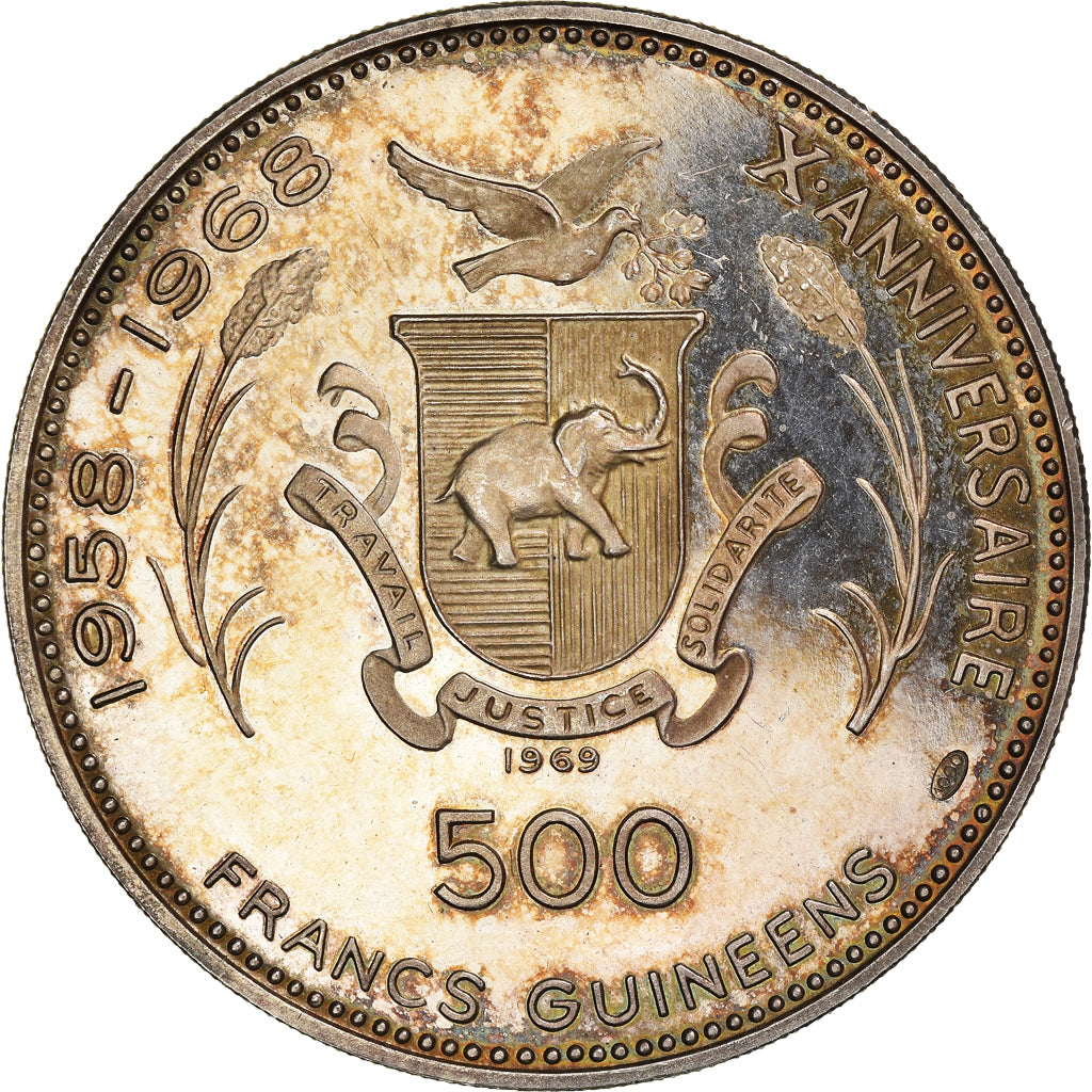 Coin, Guinea, 500 Francs, 1969, Proof, MS(63), Silver, KM:16