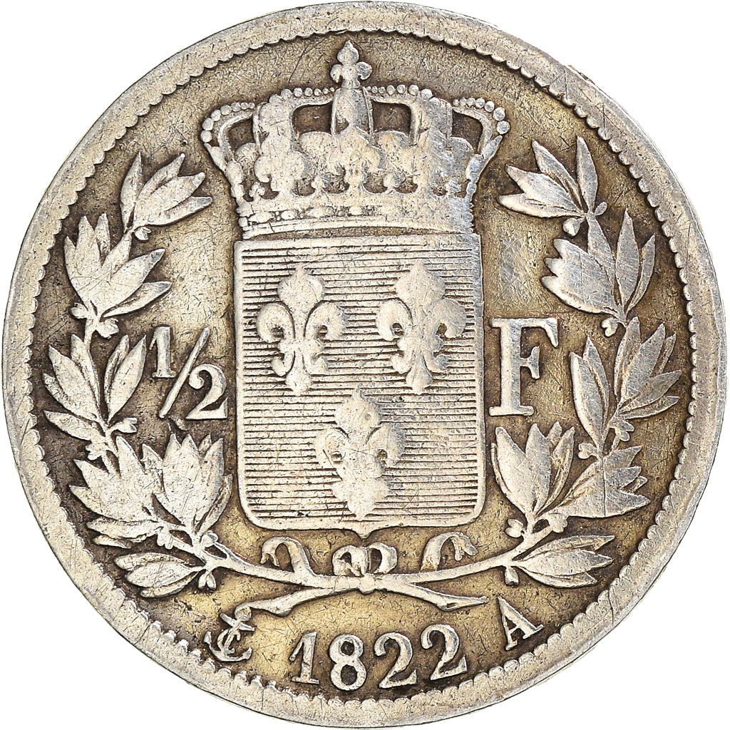 Moeda, França, Louis XVIII, Louis XVIII, 1/2 Franc, 1822, Paris, VF(20-25)