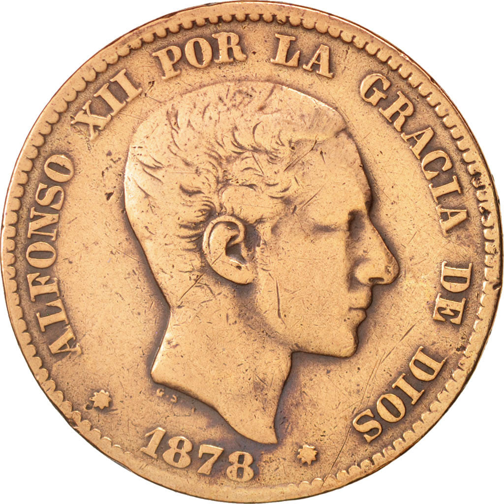 Spagna, Alfonso XII, 10 Centimos, 1878, MB, Bronzo, KM:675