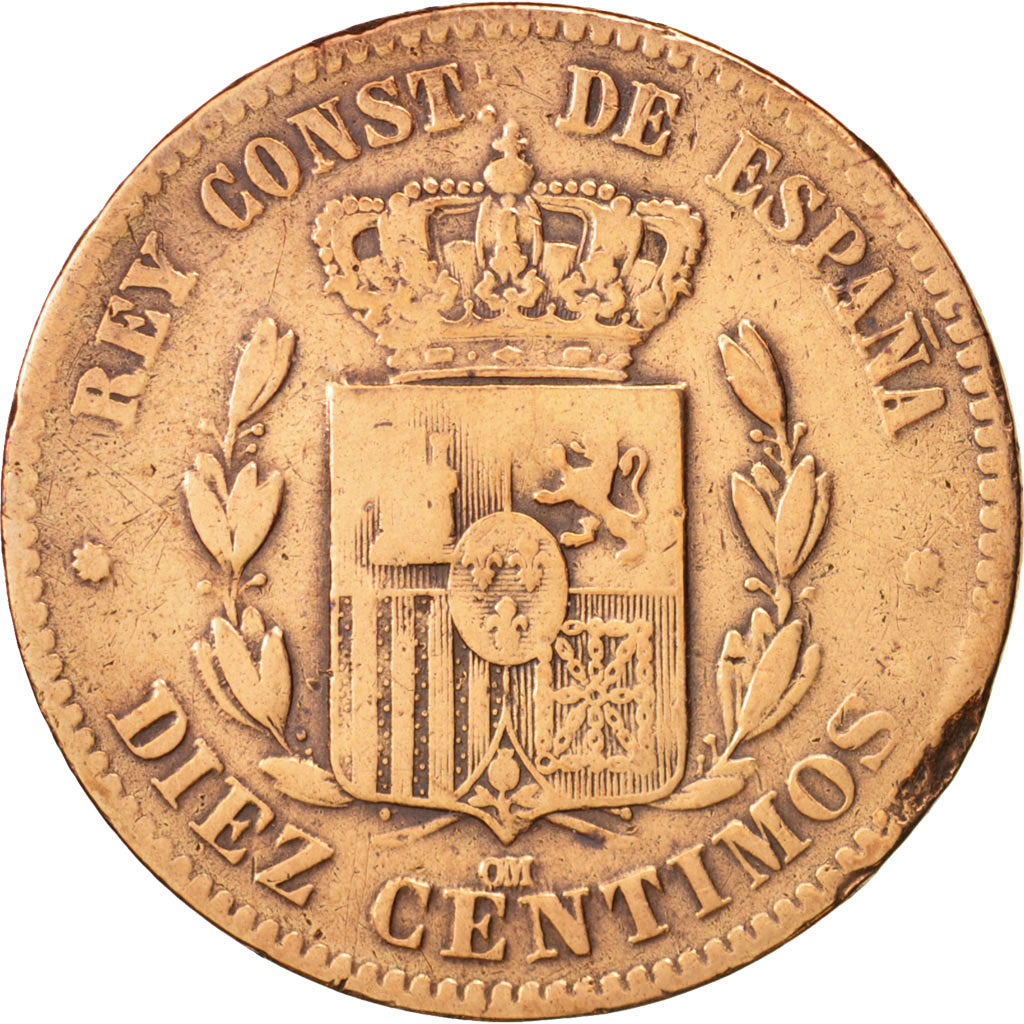 Spagna, Alfonso XII, 10 Centimos, 1878, MB, Bronzo, KM:675