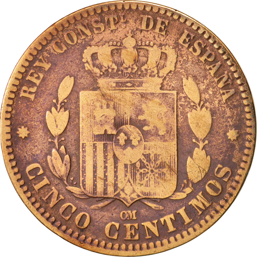 Moneta, Spagna, Alfonso XII, 5 Centimos, 1879, MB, Bronzo, KM:674