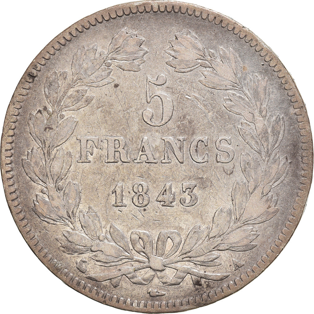 Moneta, Francia, Louis-Philippe, 5 Francs, 1843, Paris, MB+, Argento, KM:749.1