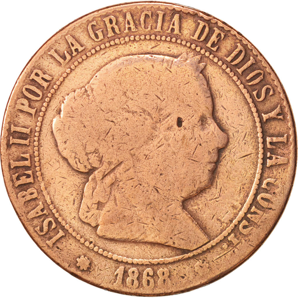 Spagna, Isabel II, 5 Centimos, 1868, B+, Rame, KM:635.1