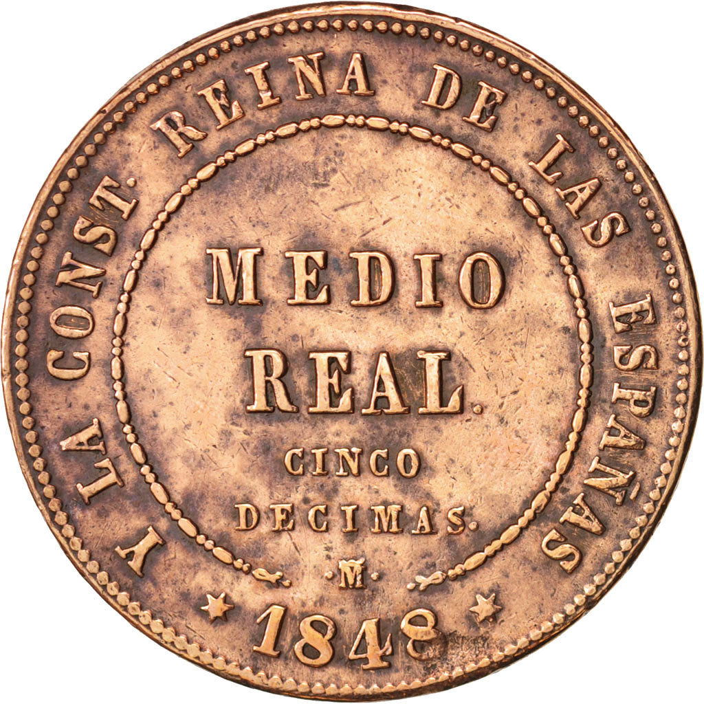 Spain, Isabel II, 1/2 Réal, 1848, Madrid, EF(40-45), Copper, KM:591.2