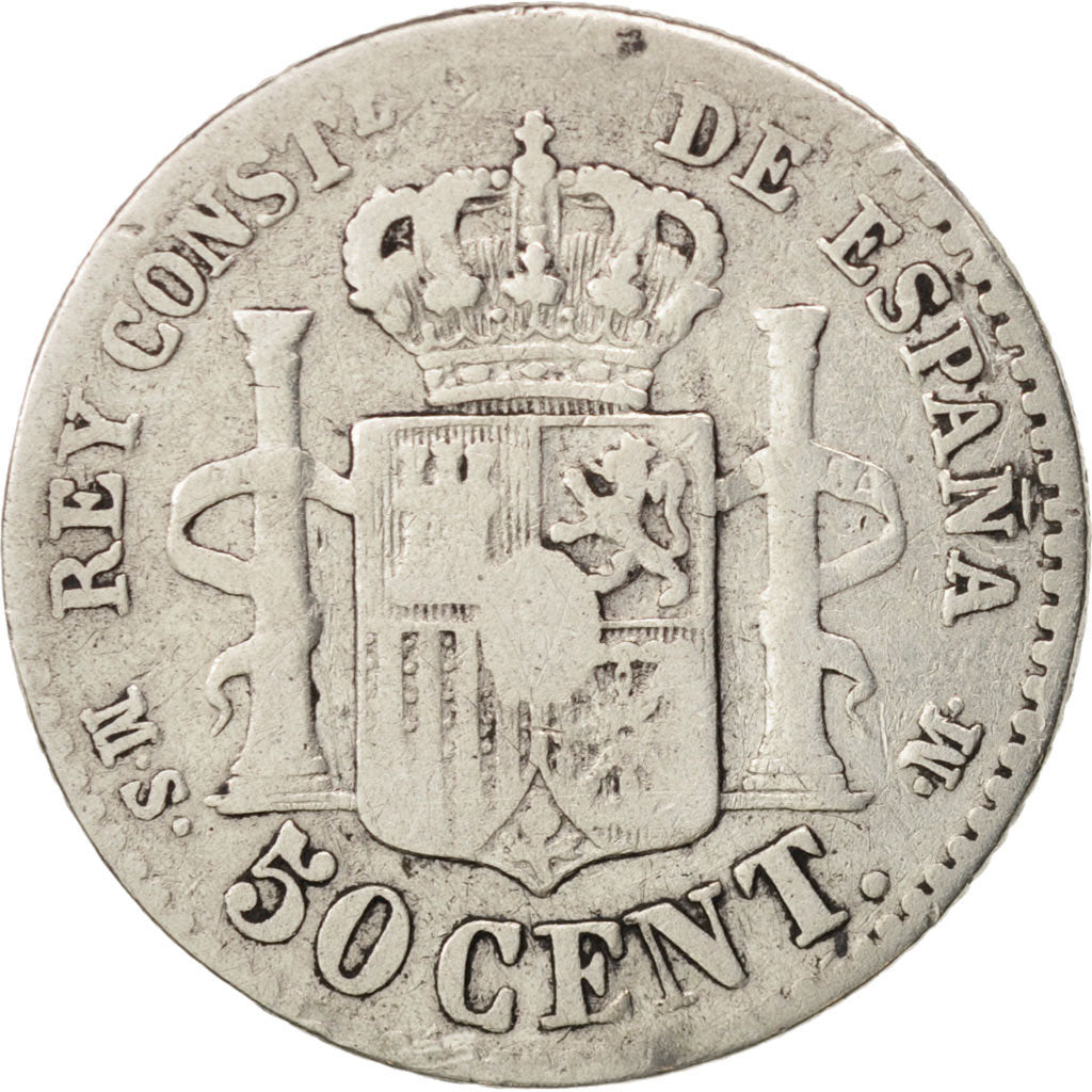 Moneta, Spagna, Alfonso XII, 50 Centimos, 1881, MB, Argento, KM:685