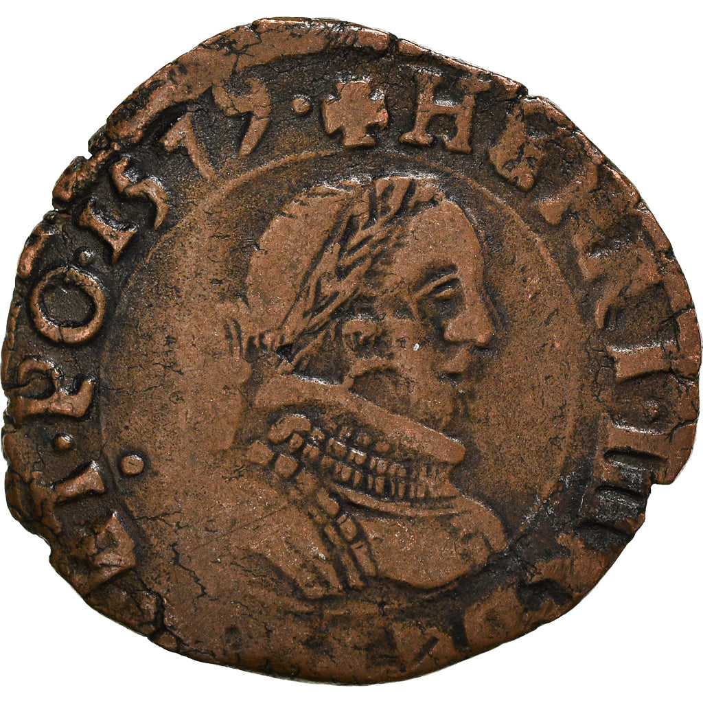 Moneta, Francia, Henri III, Double Tournois, 1579, Dijon, MB+, Rame