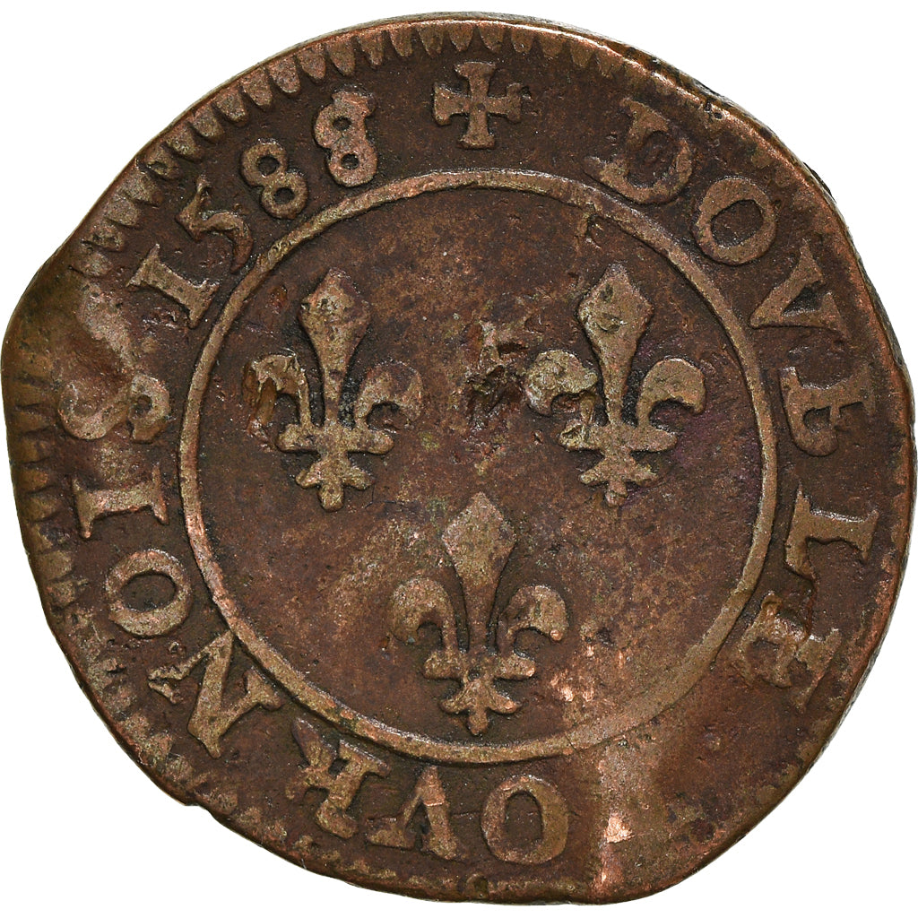 Coin, France, Henri III, Double Tournois, 1588, Paris, VF(20-25), Copper