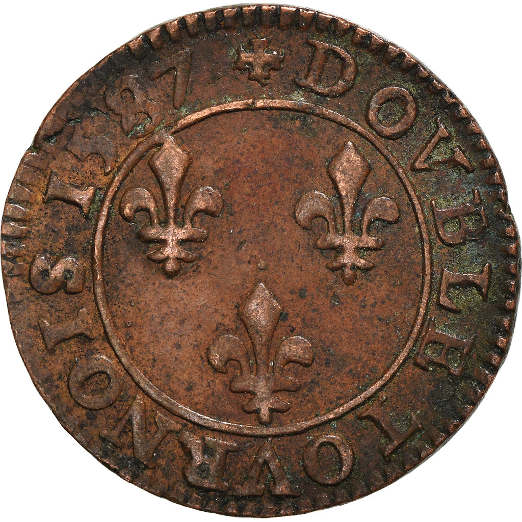 Coin, France, Henri III, Double Tournois, 1587, Paris, AU(50-53), Copper