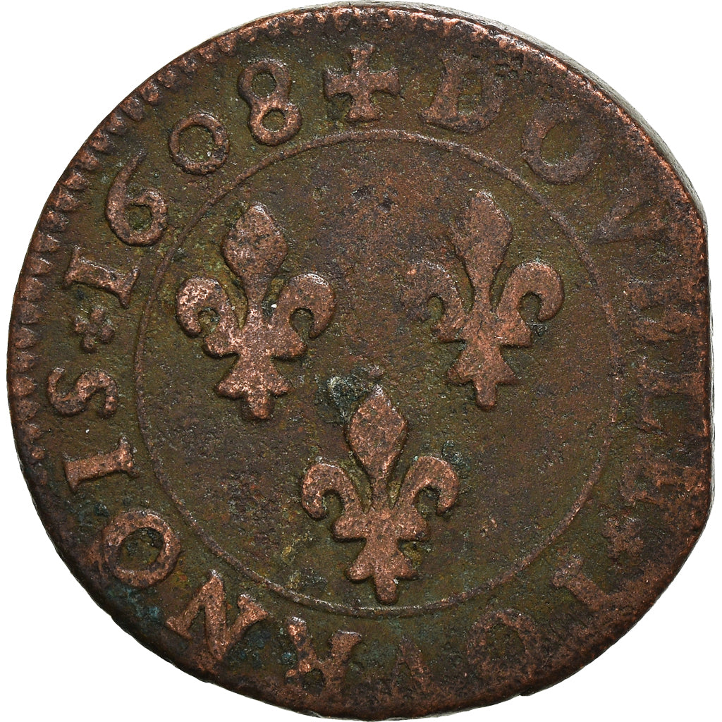 Coin, France, Henri IV, Double Tournois, 1608, Lyon, VF(30-35), Copper